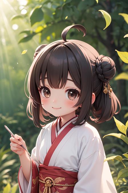 387404-364330997-masterpiece,best quality,absurdres,1girl, solo, hanfu, chibi, single hair bun, holding,writing, outdoors, upper body, brown eyes.png